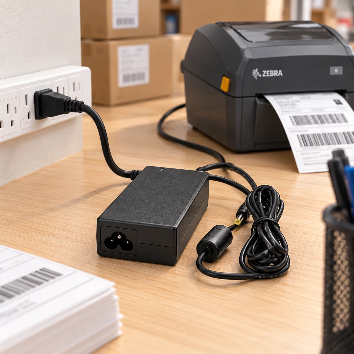 AC power adapter and cord for Zebra LP2844 plugged in at a shipping desk