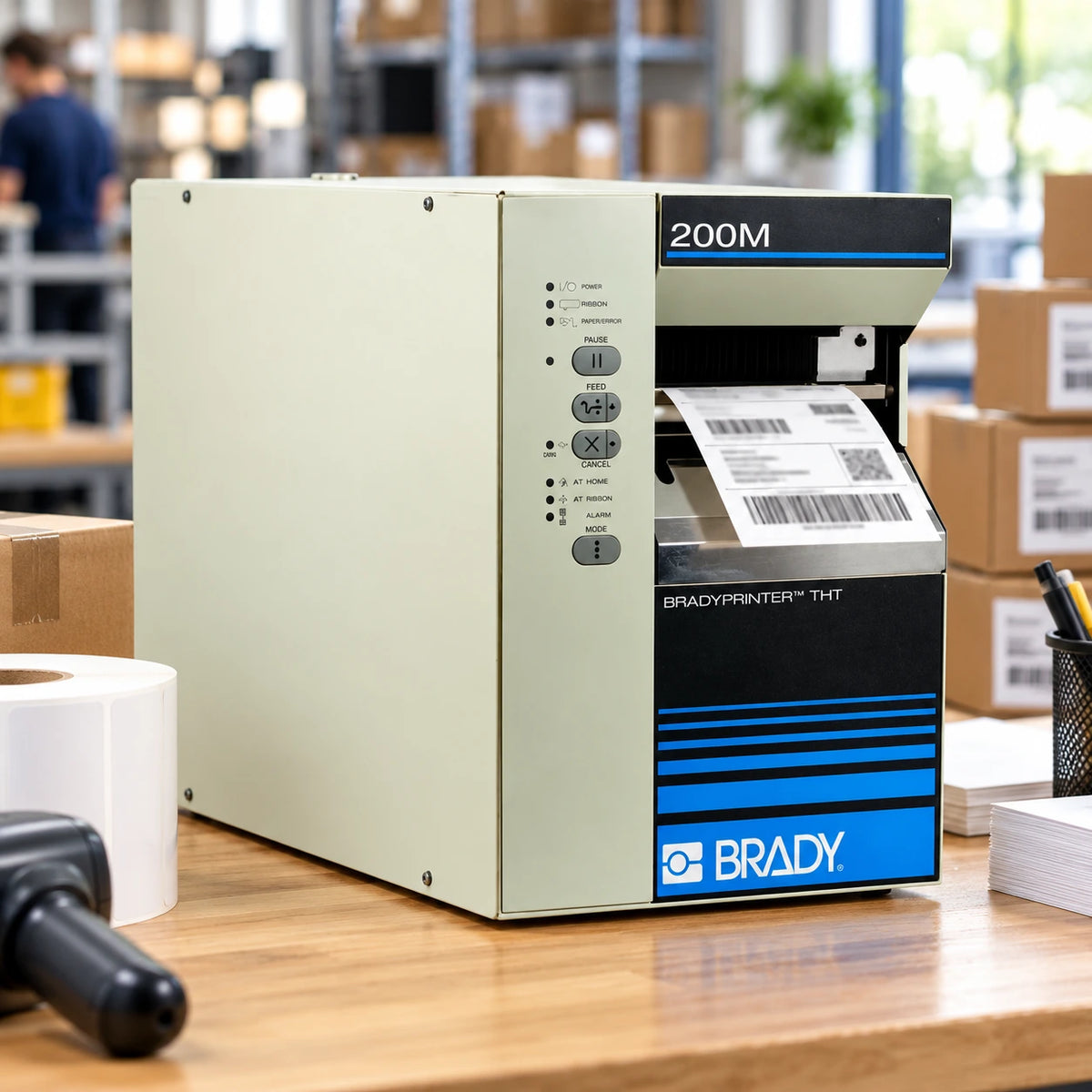 Brady BP-THT-200M industrial thermal label printer in use
