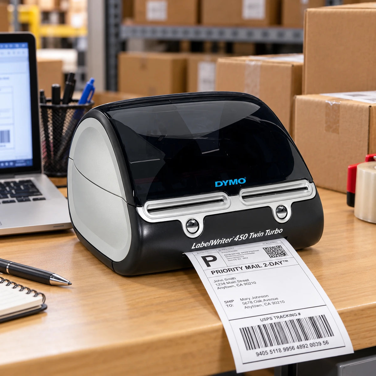 DYMO LabelWriter 450 Twin Turbo label printer in use