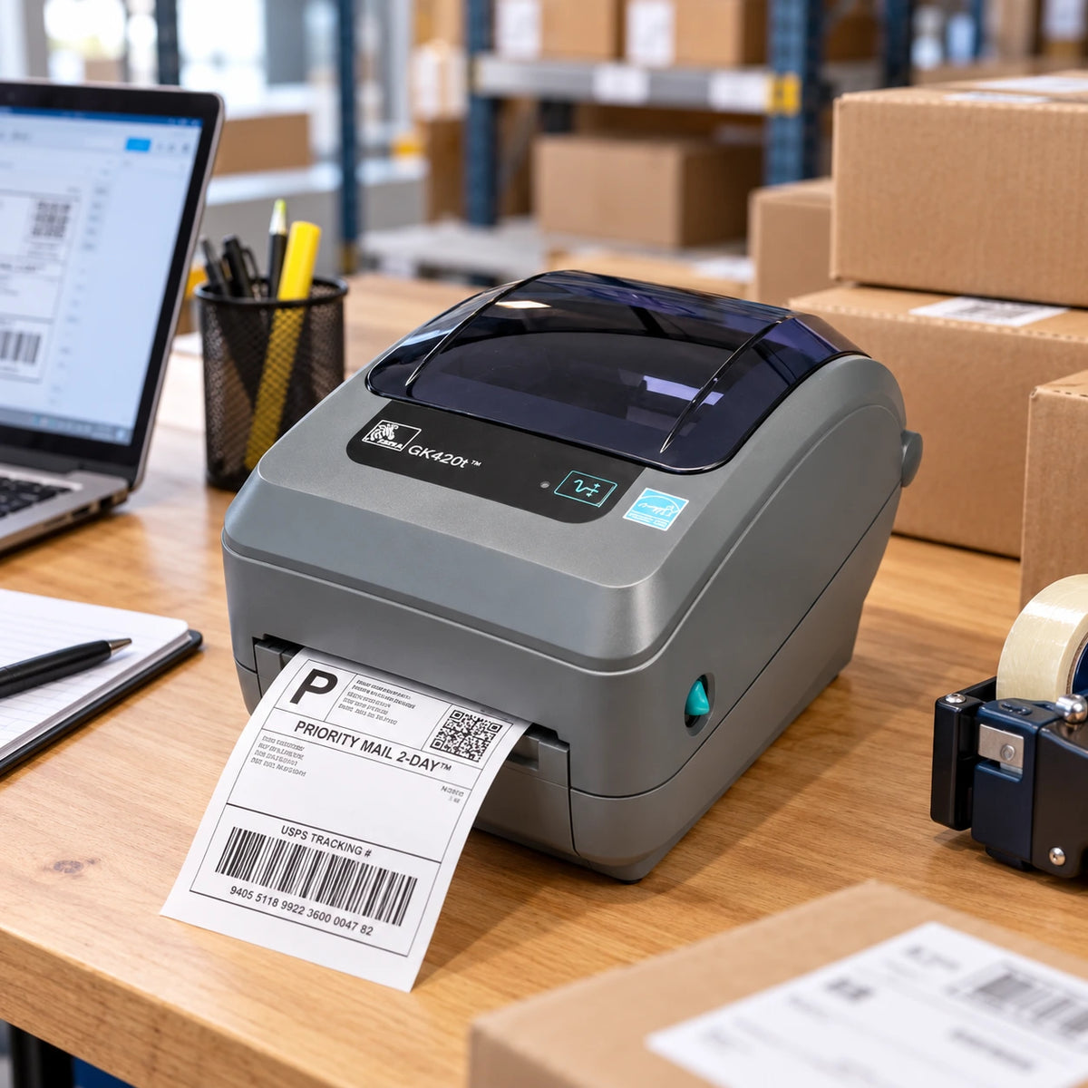 Zebra GK420T thermal transfer label printer in use