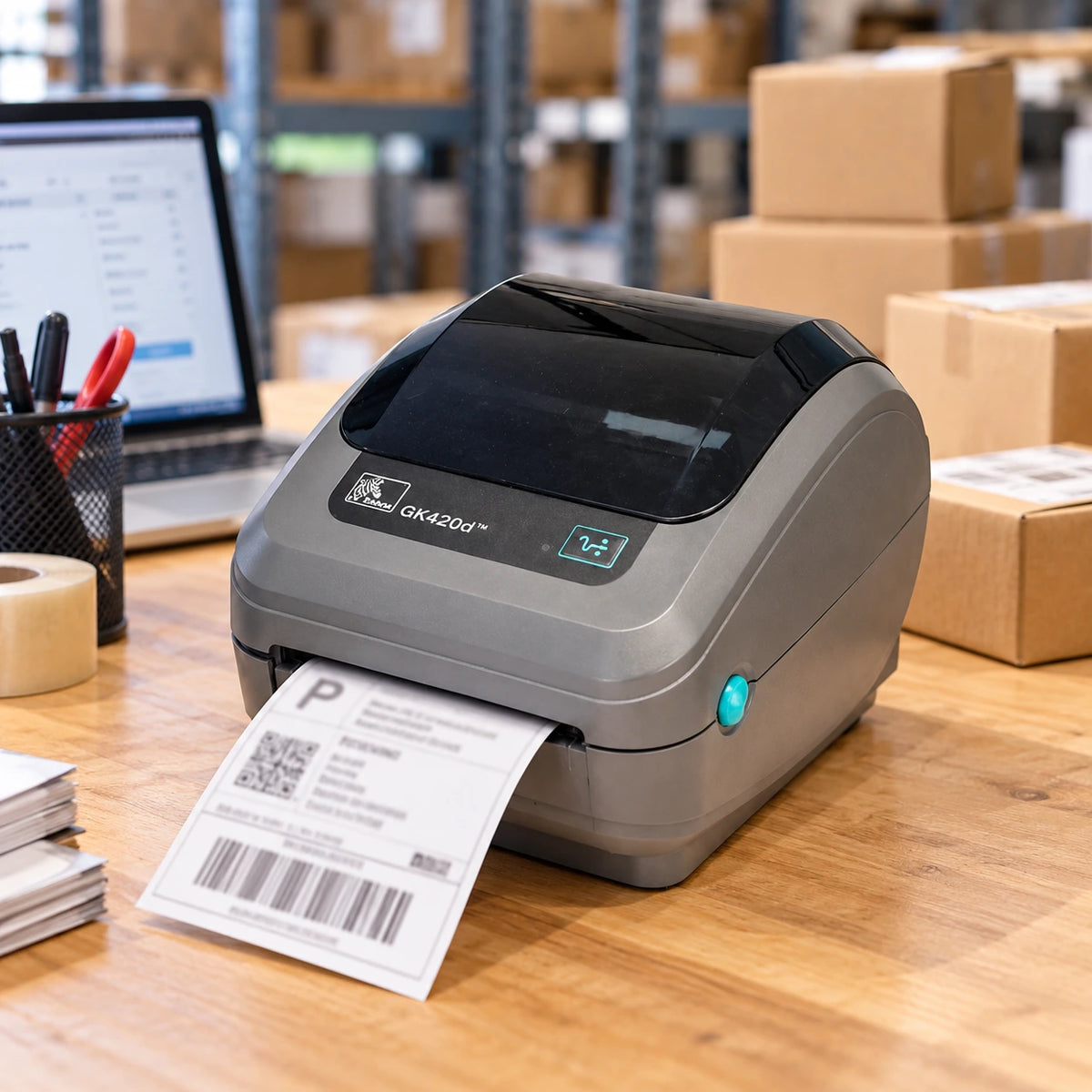 Zebra GK420d thermal label printer in use