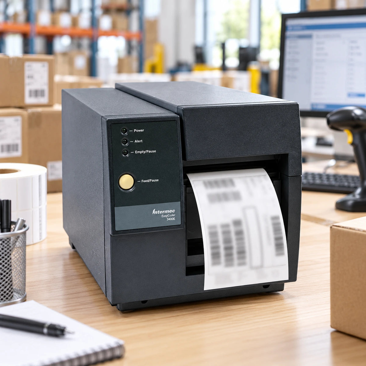 Intermec 3400E EasyCoder thermal barcode label printer printing labels