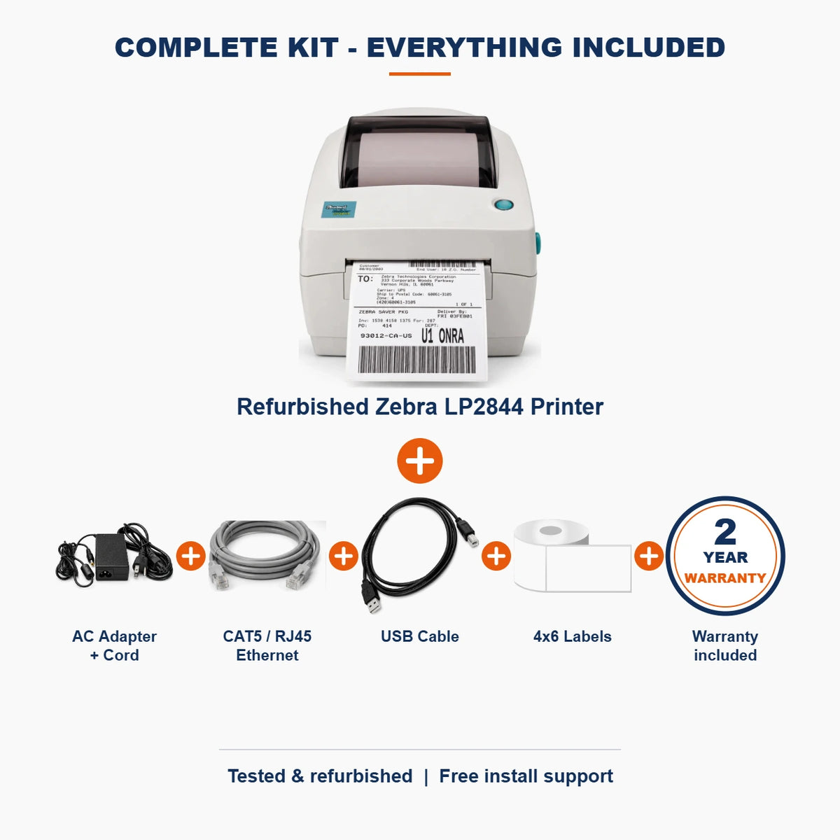 NETWORK PRO Zebra LP2844 complete kit: printer + AC adapter and cord + CAT5/RJ45 Ethernet + USB cable + 4x6 labels + 2-year warranty