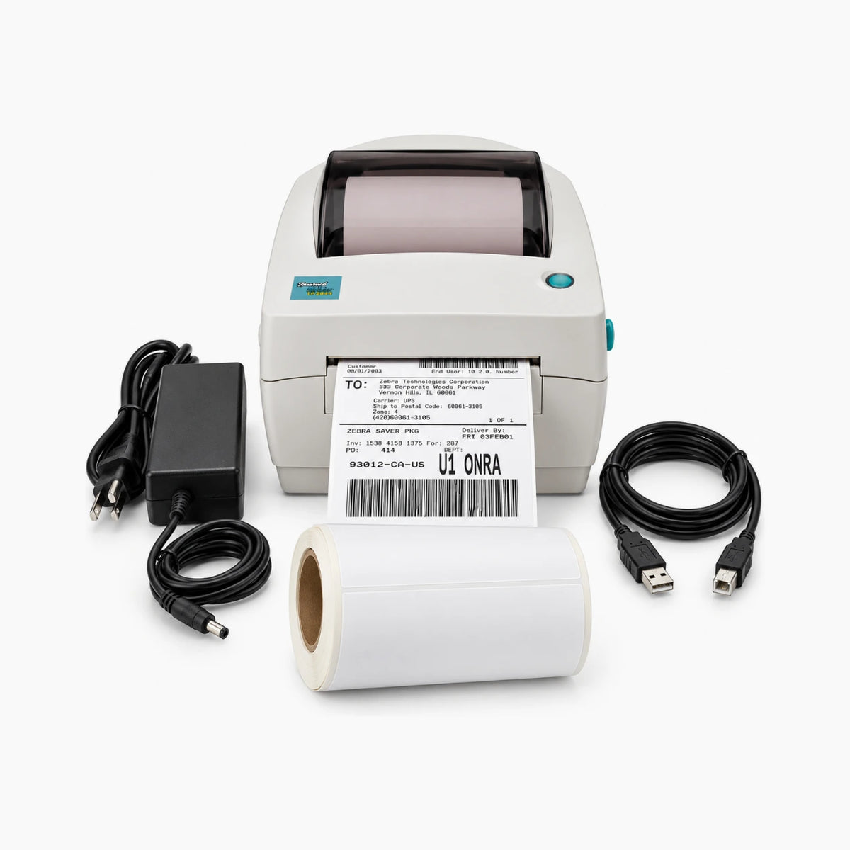 PRO Zebra LP2844 kit: printer, power adapter, USB cable and label roll