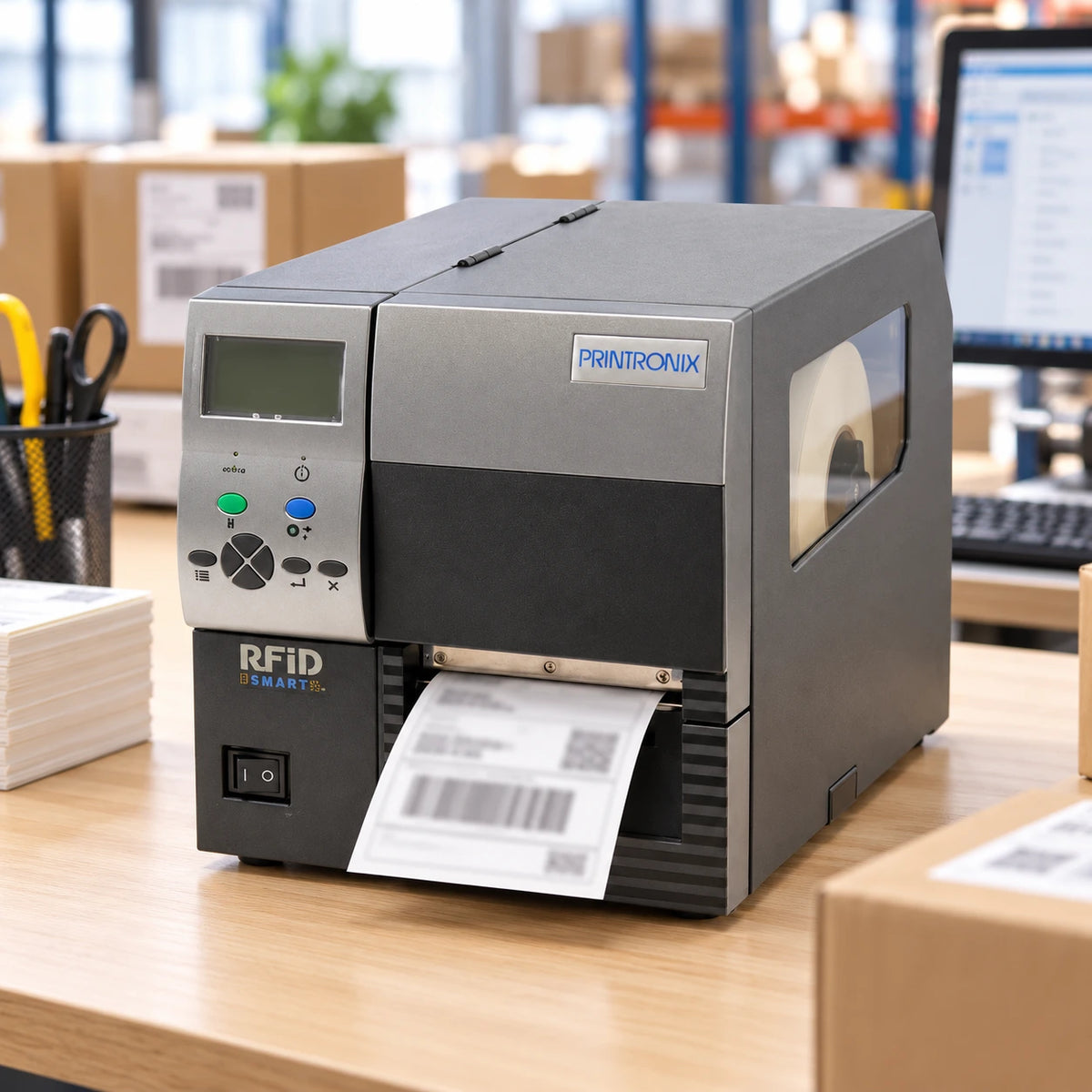 Printronix SL/TM4 industrial thermal label printer in use