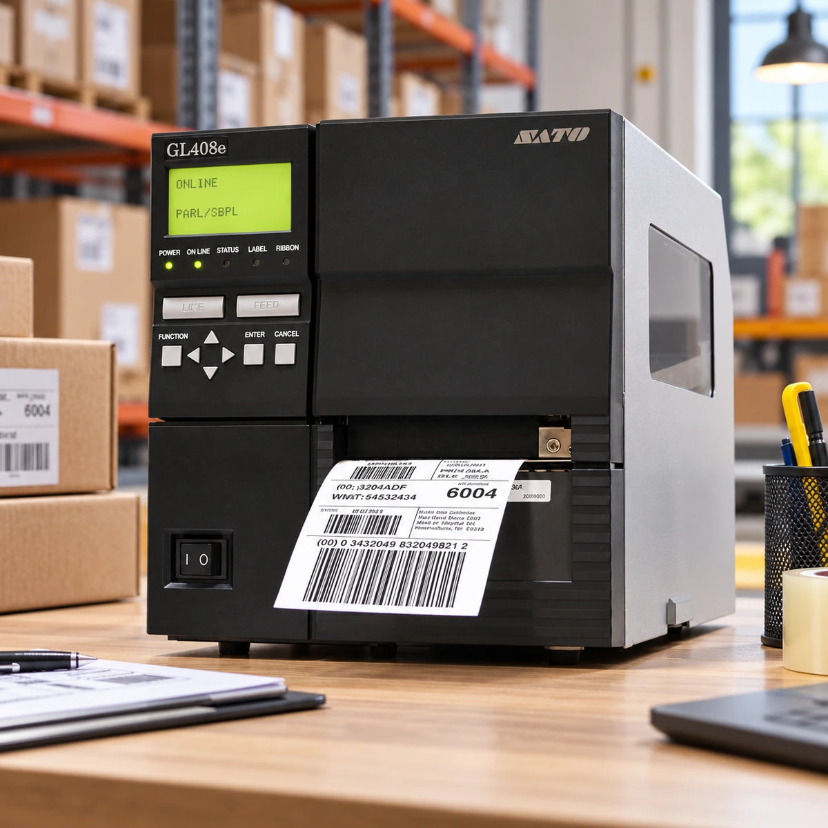 SATO GL408e industrial label printer in use