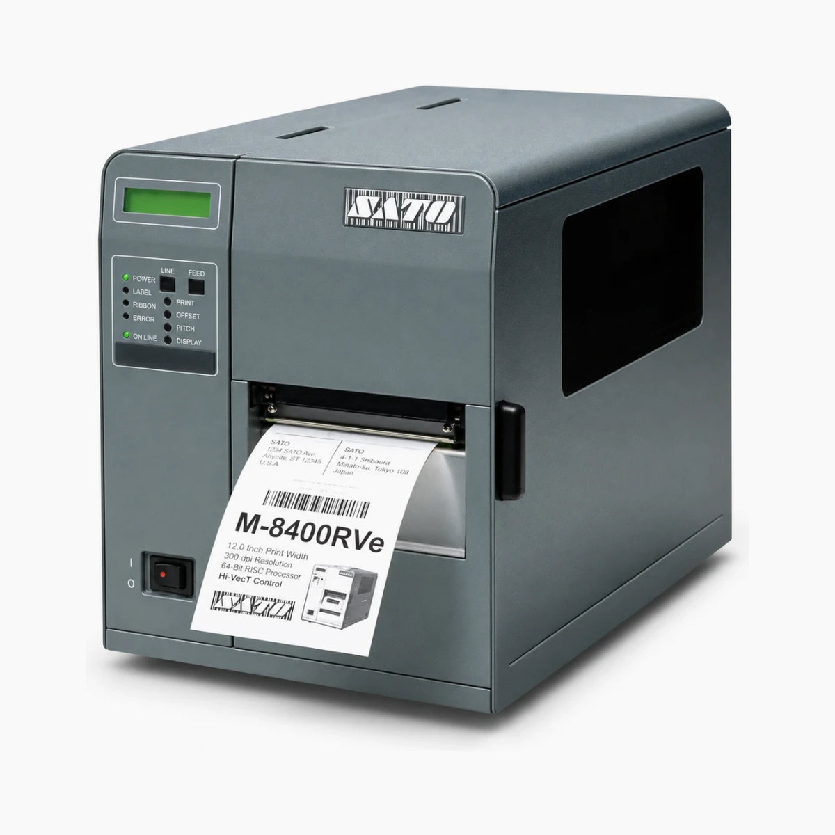 SATO M-8400RVe industrial label printer angled view