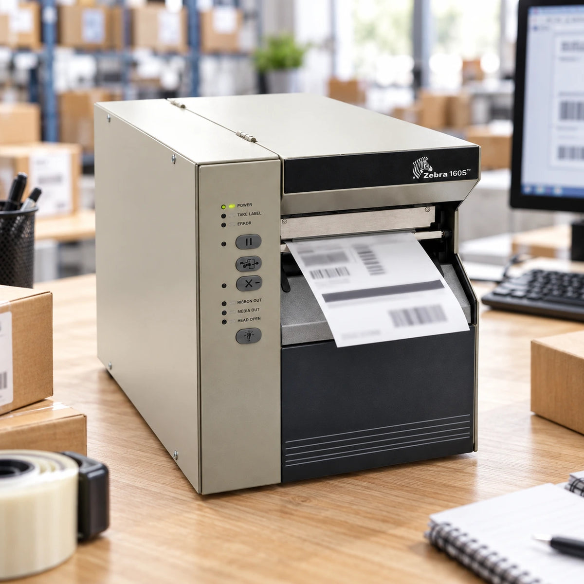 Zebra 160S industrial thermal label printer in use