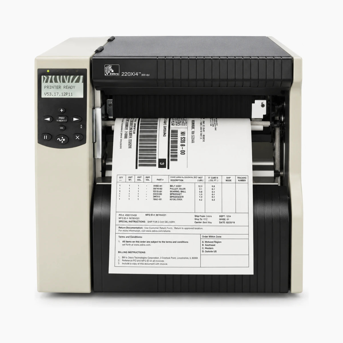 Zebra 220Xi4 industrial thermal label printer, front view