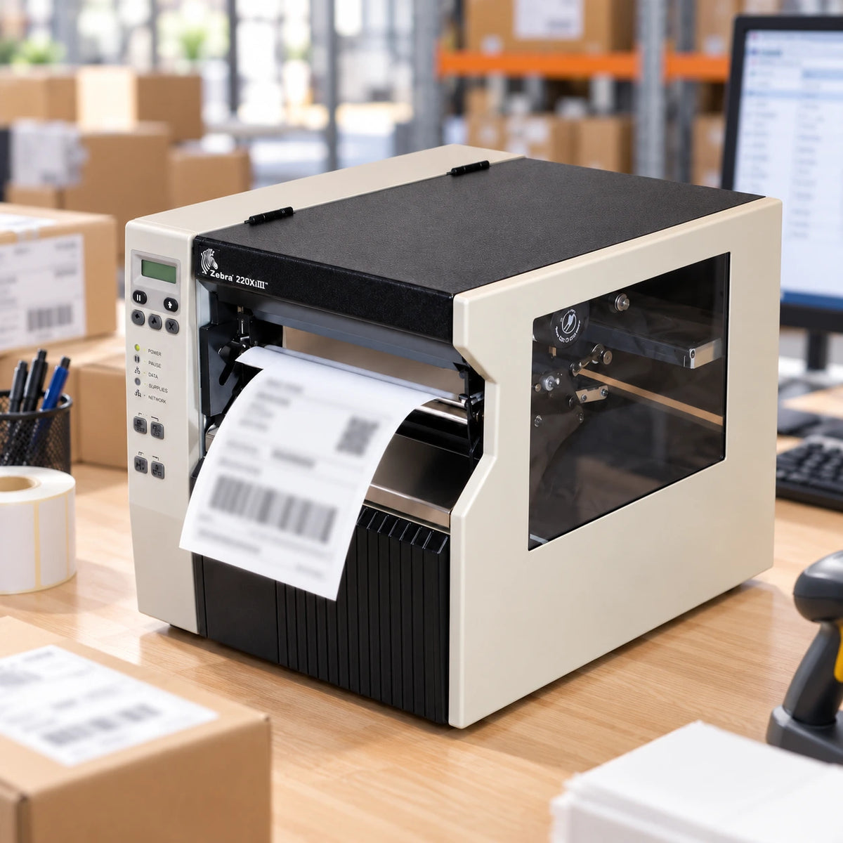 Zebra 220XiIII industrial thermal label printer in use