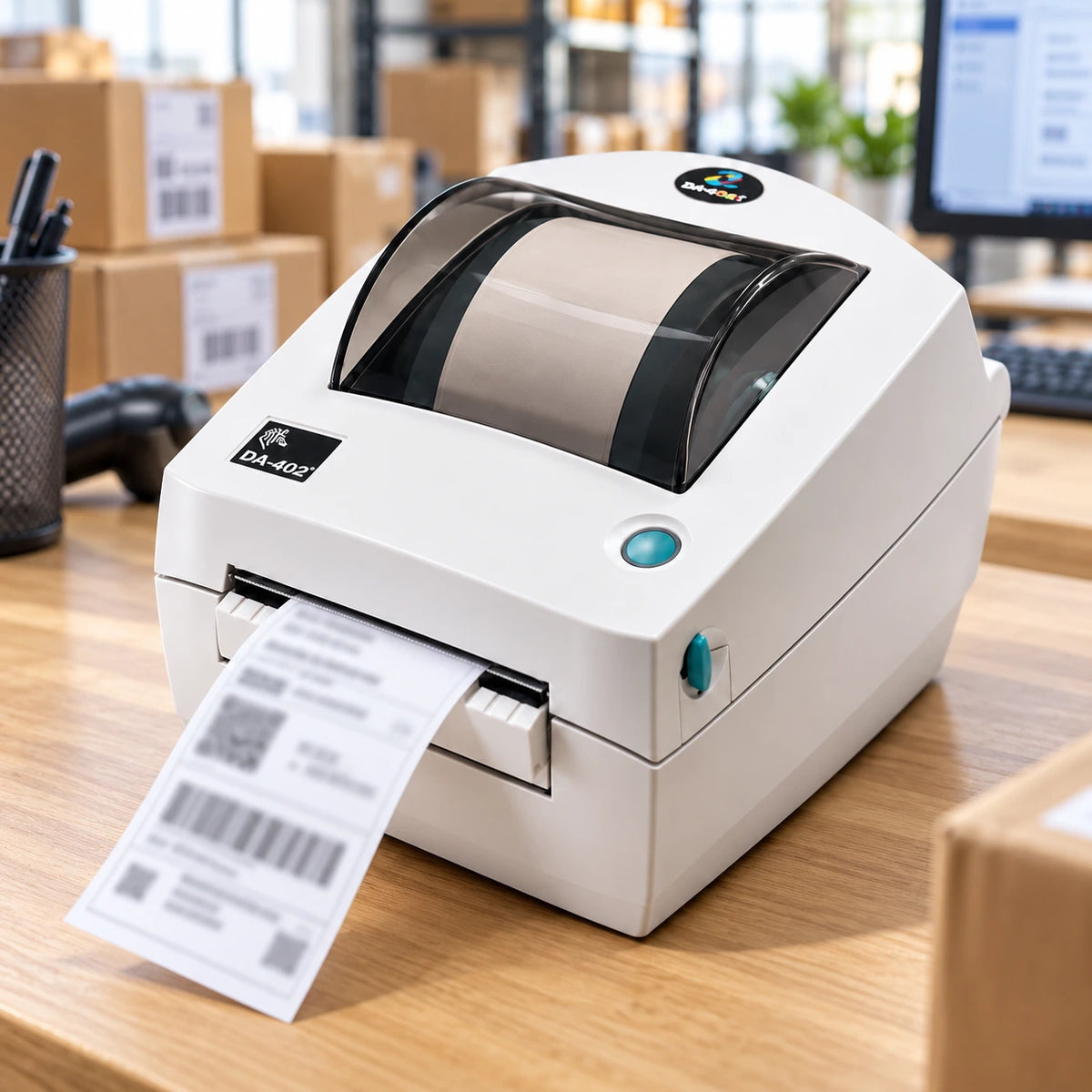 Zebra DA-402 thermal label printer printing a label