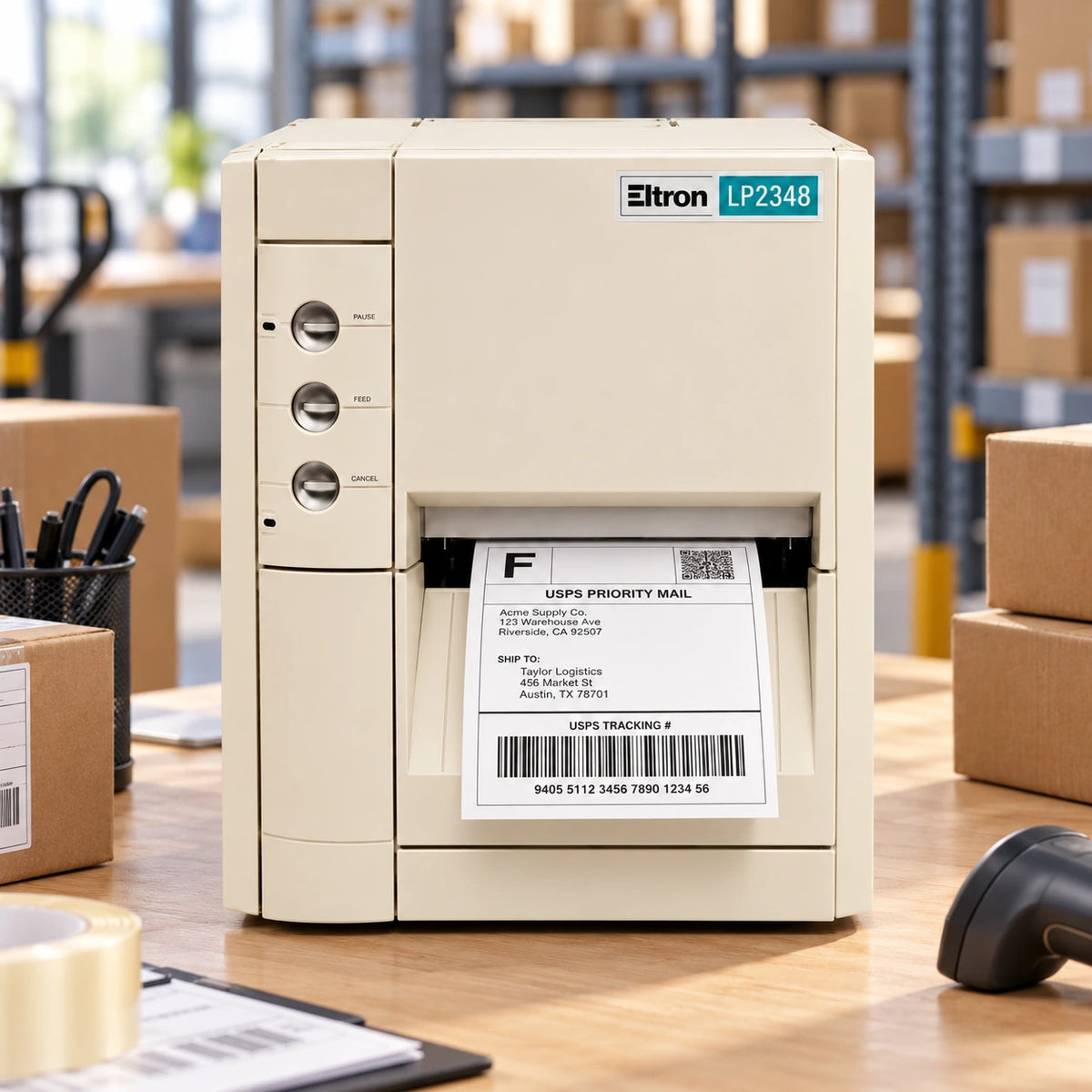 Zebra Eltron LP2348+ label printer in use on a shipping desk
