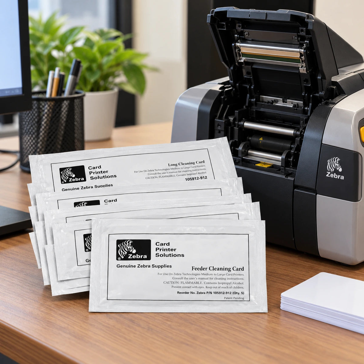 Zebra P120i cleaning cards next to an open card printer