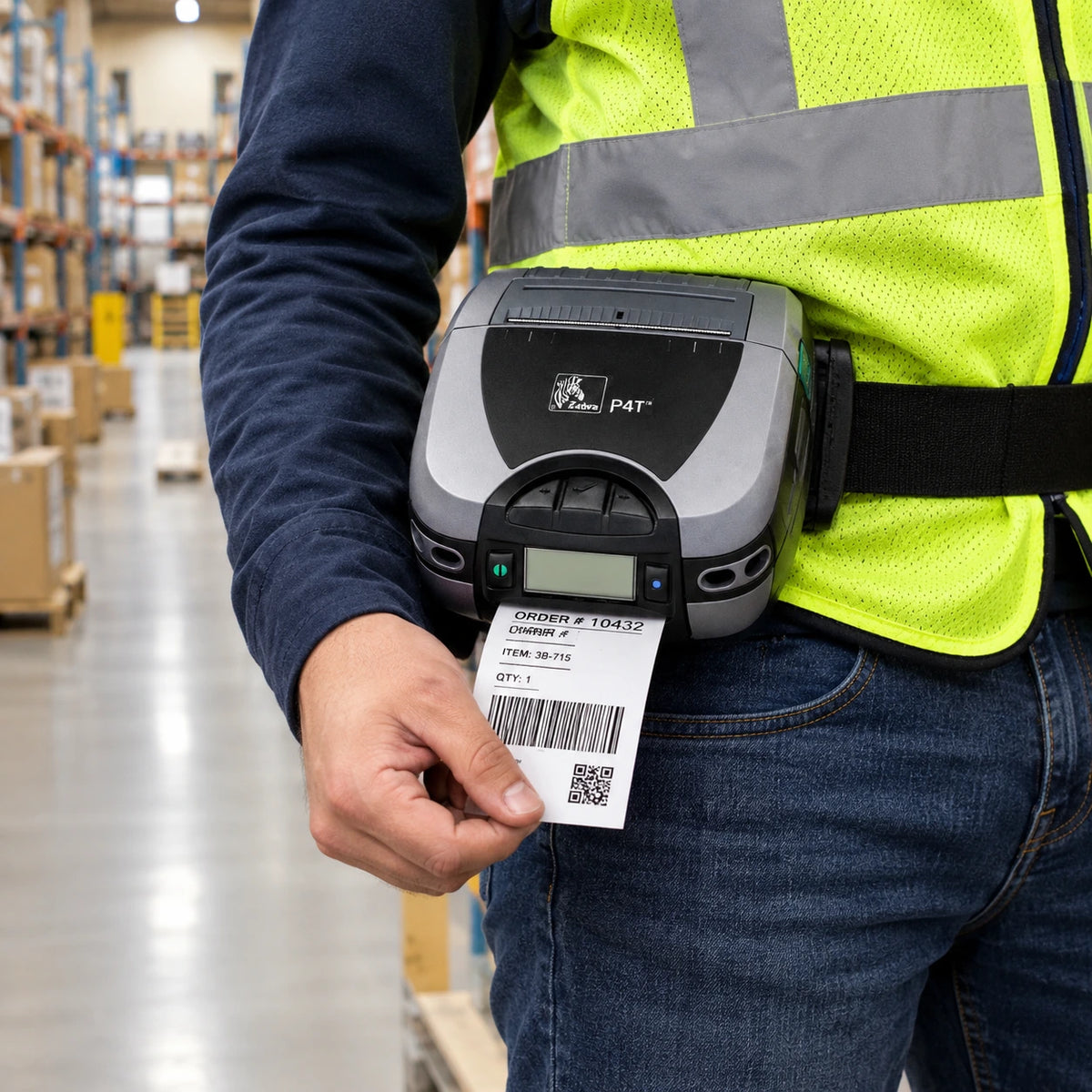 Zebra P4T mobile printer worn on a belt printing a label in a warehouse