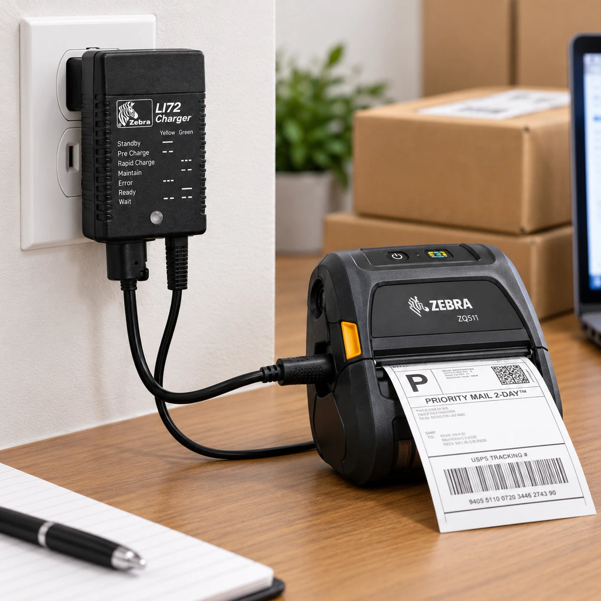 Zebra mobile printer AC adapter plugged in powering a printer