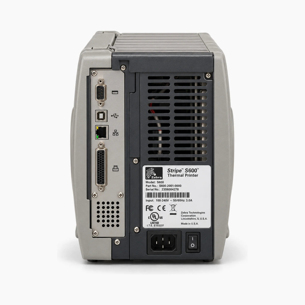 Zebra S600 industrial label printer, rear view