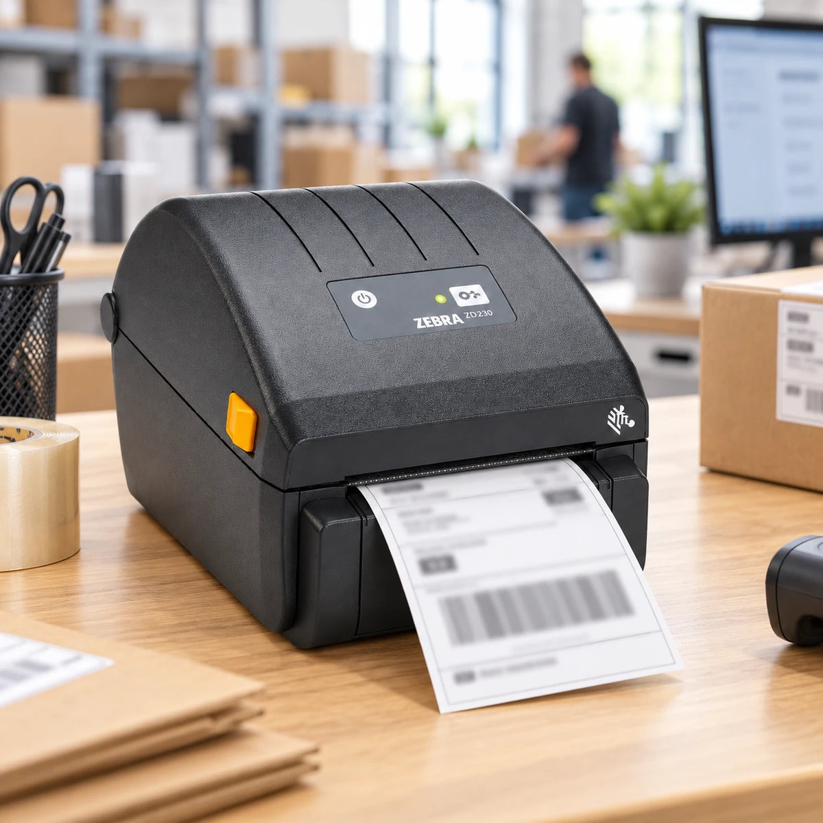 Zebra ZD230 thermal label printer printing a shipping label on a packing desk