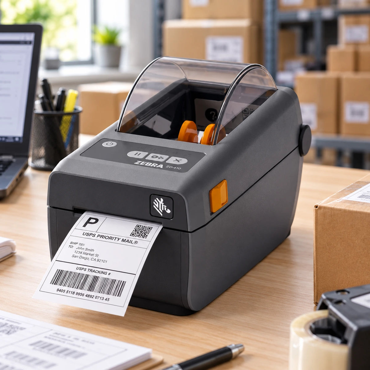 Zebra ZD410 thermal label printer in use