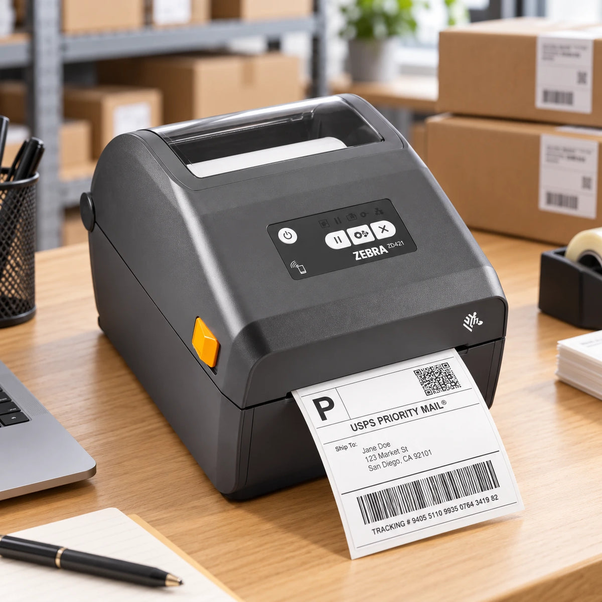 Zebra ZD421 thermal label printer in use