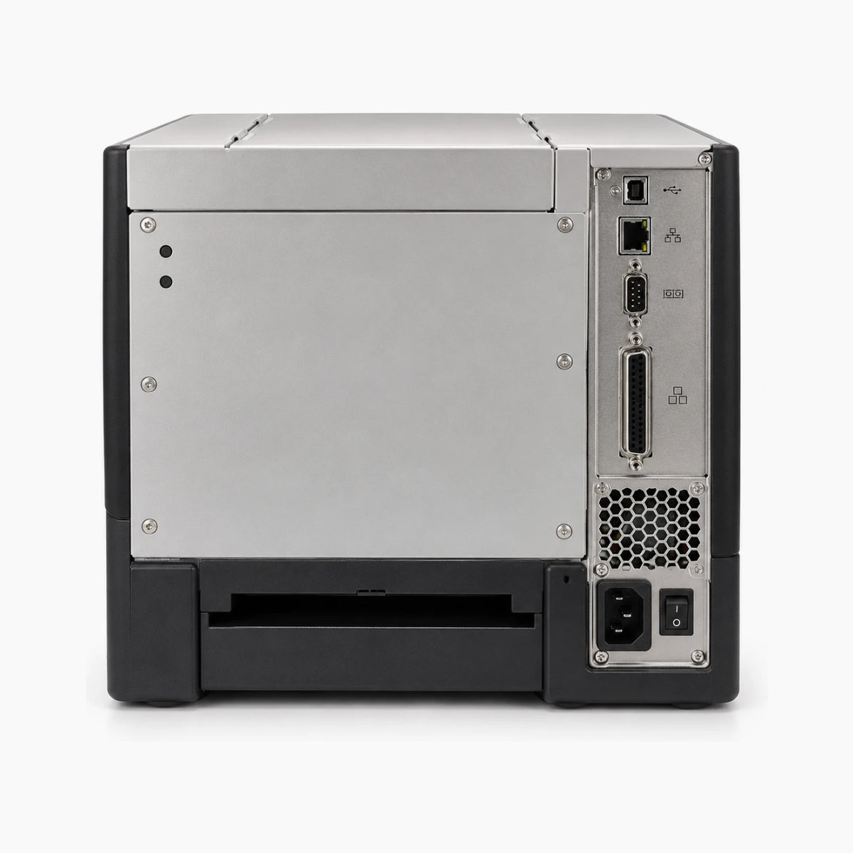 Zebra ZM600 industrial label printer, rear view
