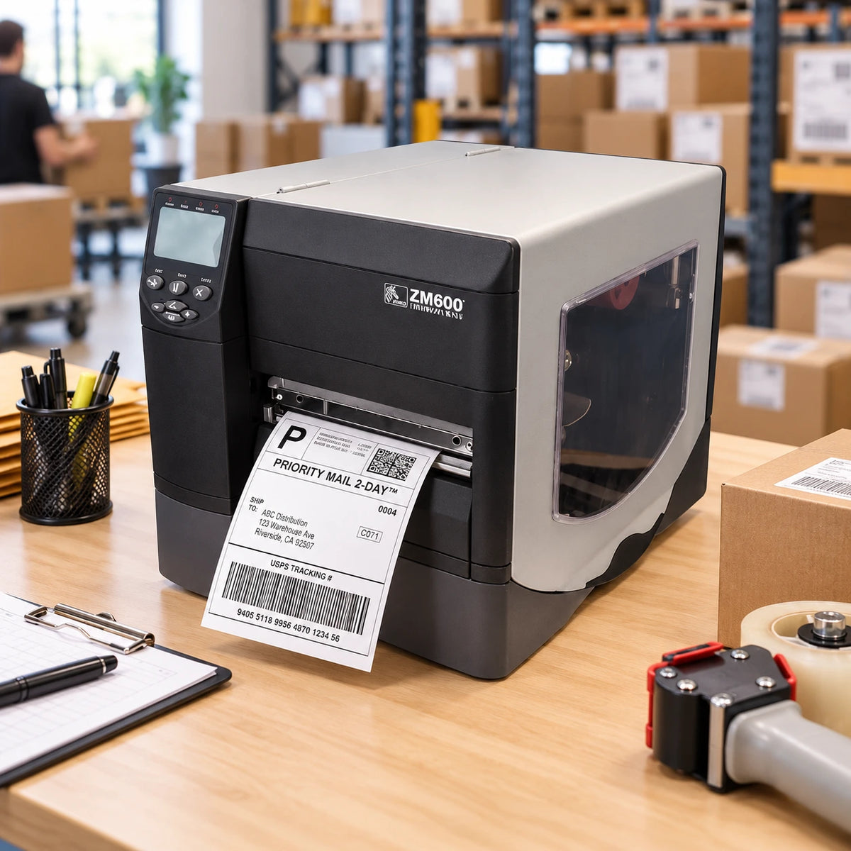 Zebra ZM600 industrial label printer in use