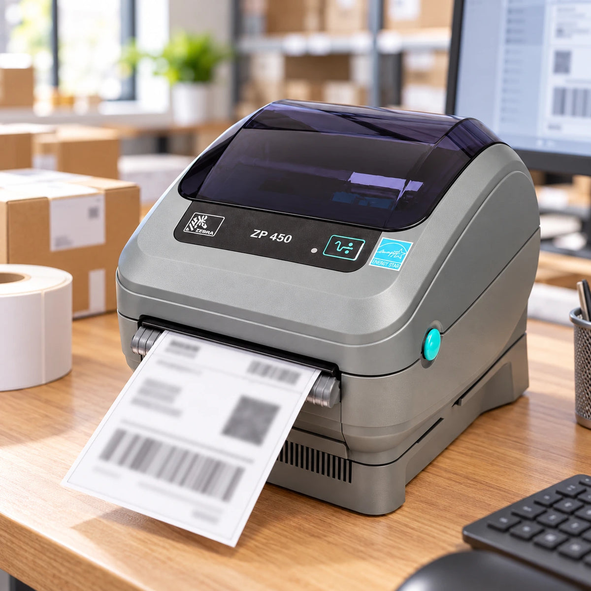 NETWORK PRO Zebra ZP450 shipping label printer printing a label in a warehouse