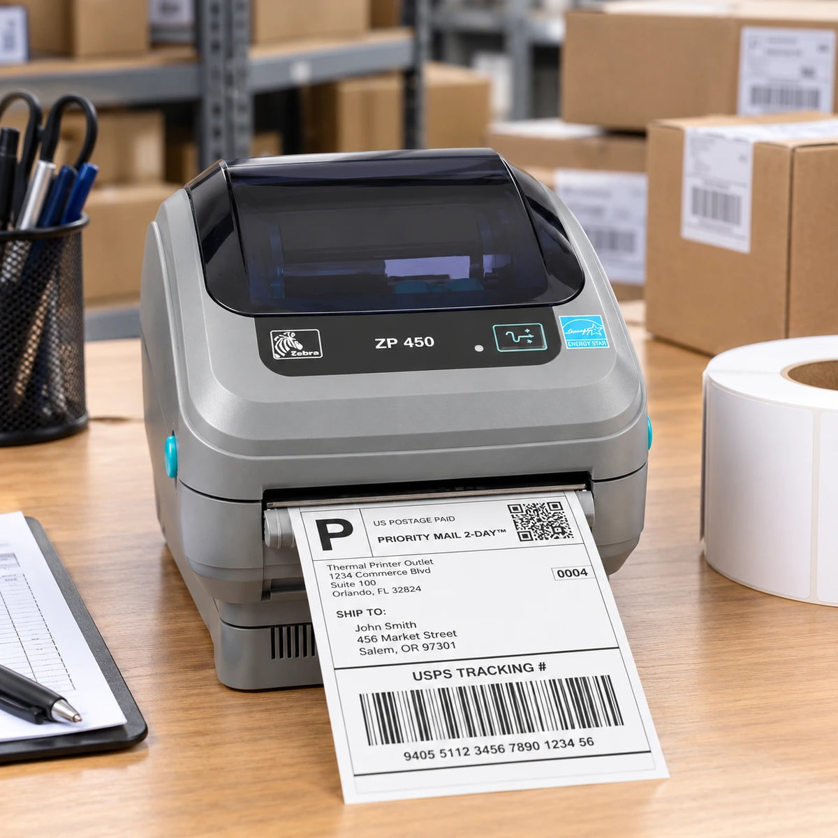 PRO Zebra ZP450 label printer in use on a shipping desk