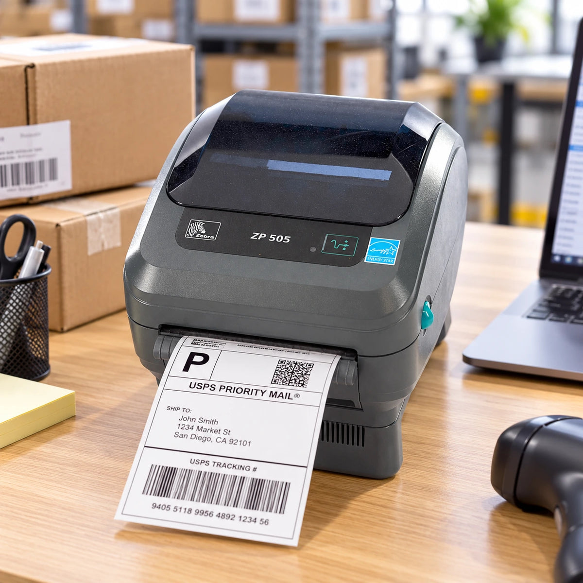Zebra ZP-505 label printer in use