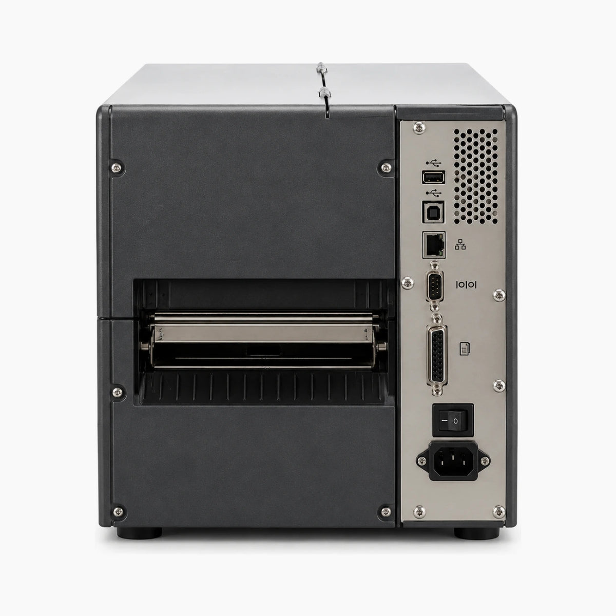 Zebra ZT410 industrial label printer, rear view