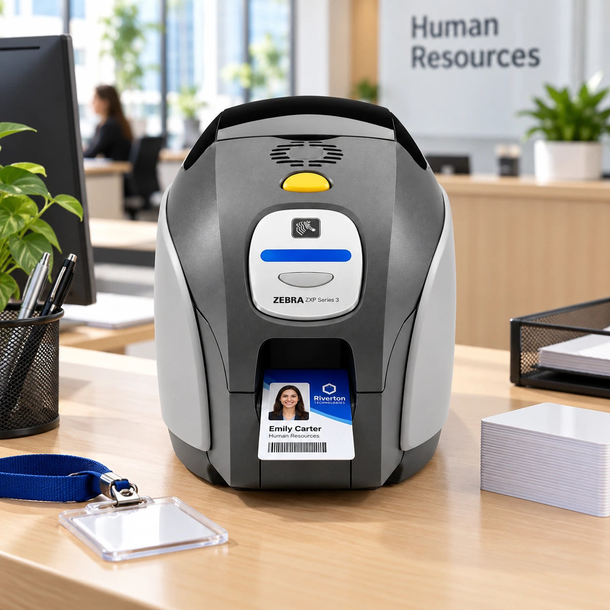 Zebra ZXP Series 3 card printer in use printing an ID card