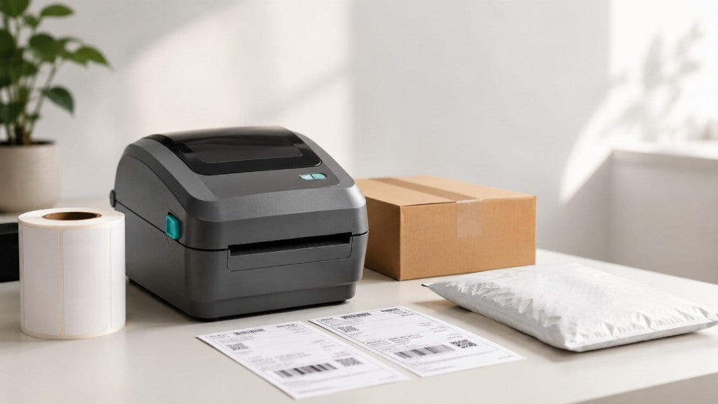 Thermal label printer on a desk with shipping labels and packing supplies