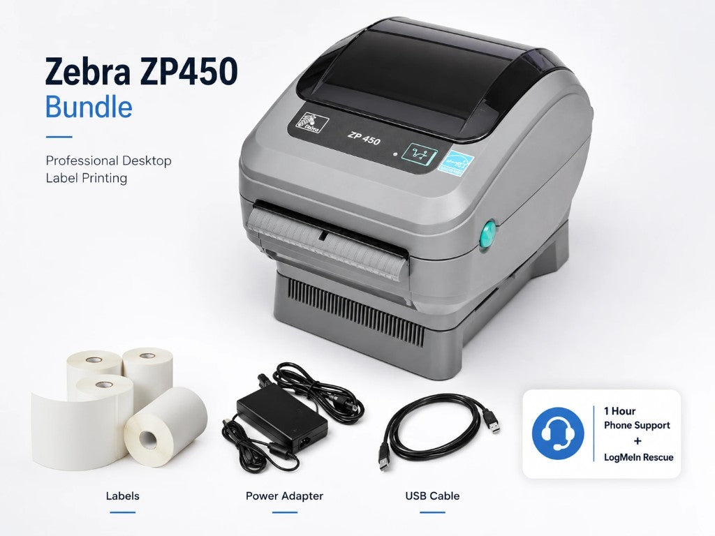 Thermal printer package with labels and accessories ready to ship