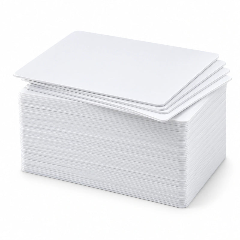 Stack of 100 blank white PVC CR80 cards