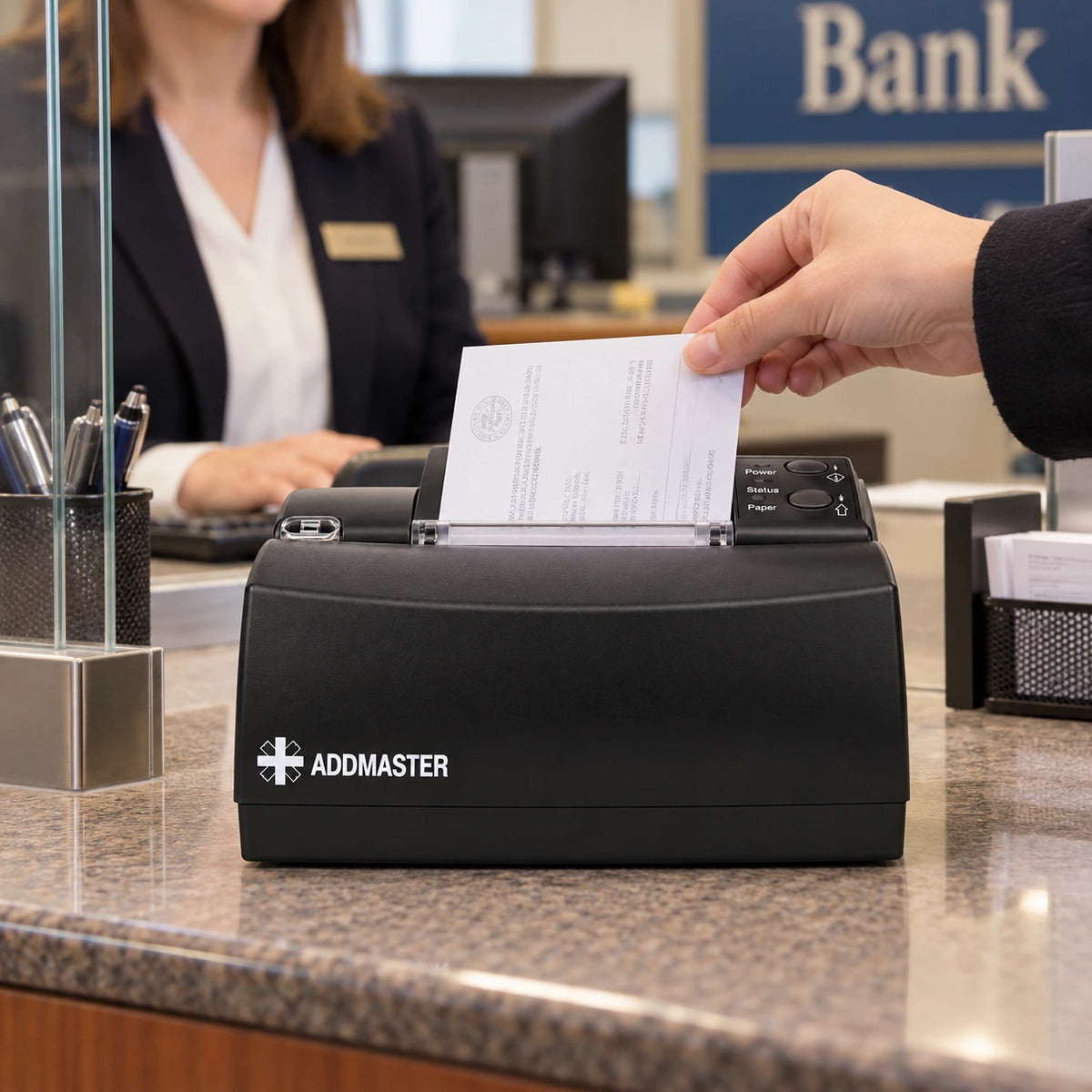 Addmaster validation printer at a bank teller counter