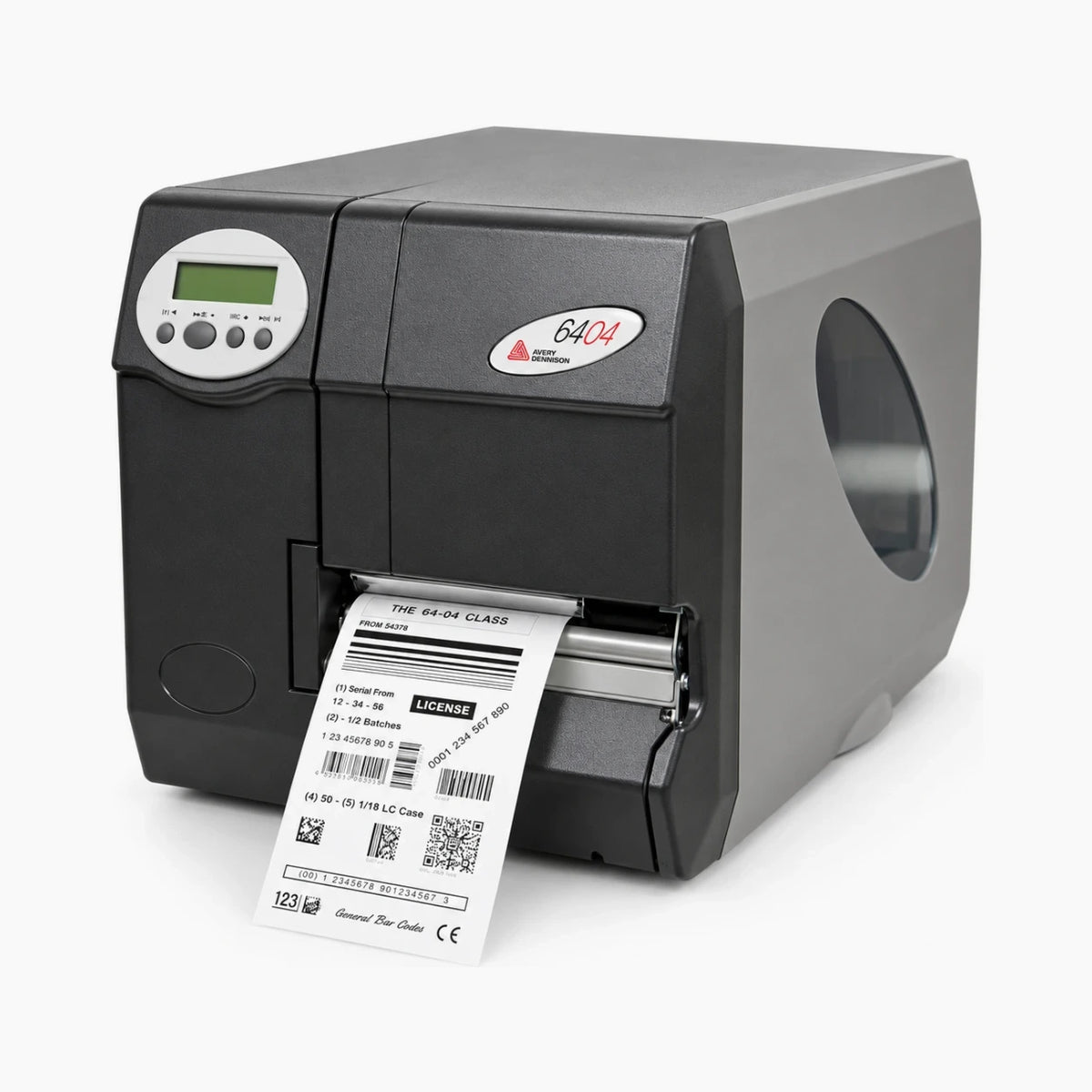 Avery Dennison 64-04 industrial barcode label printer, angled view