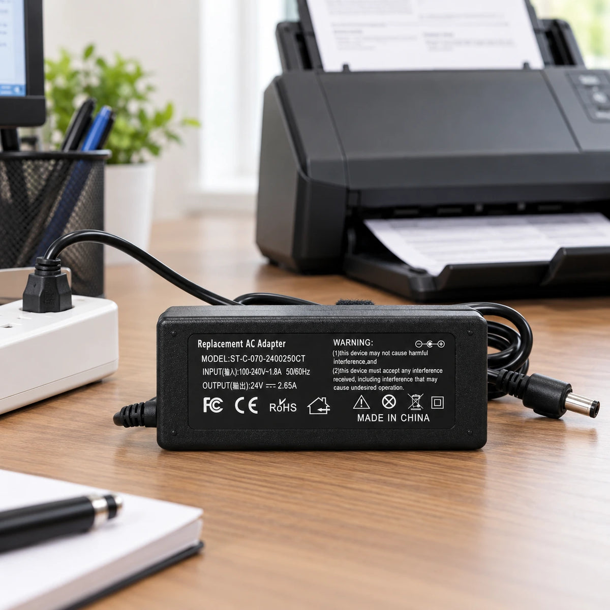 Fujitsu scanner power supply plugged in beside a desktop scanner