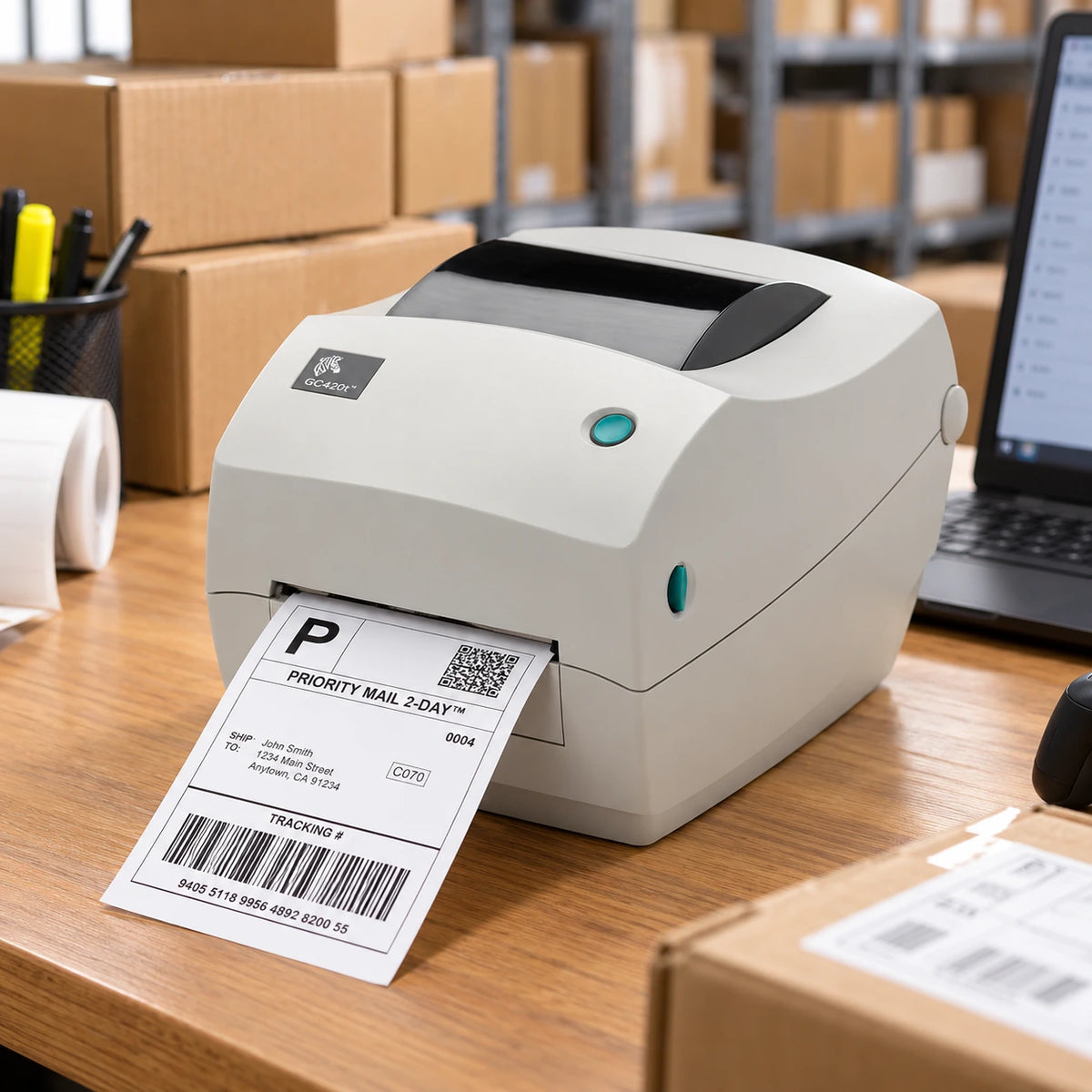 Zebra GC420t thermal transfer label printer in use