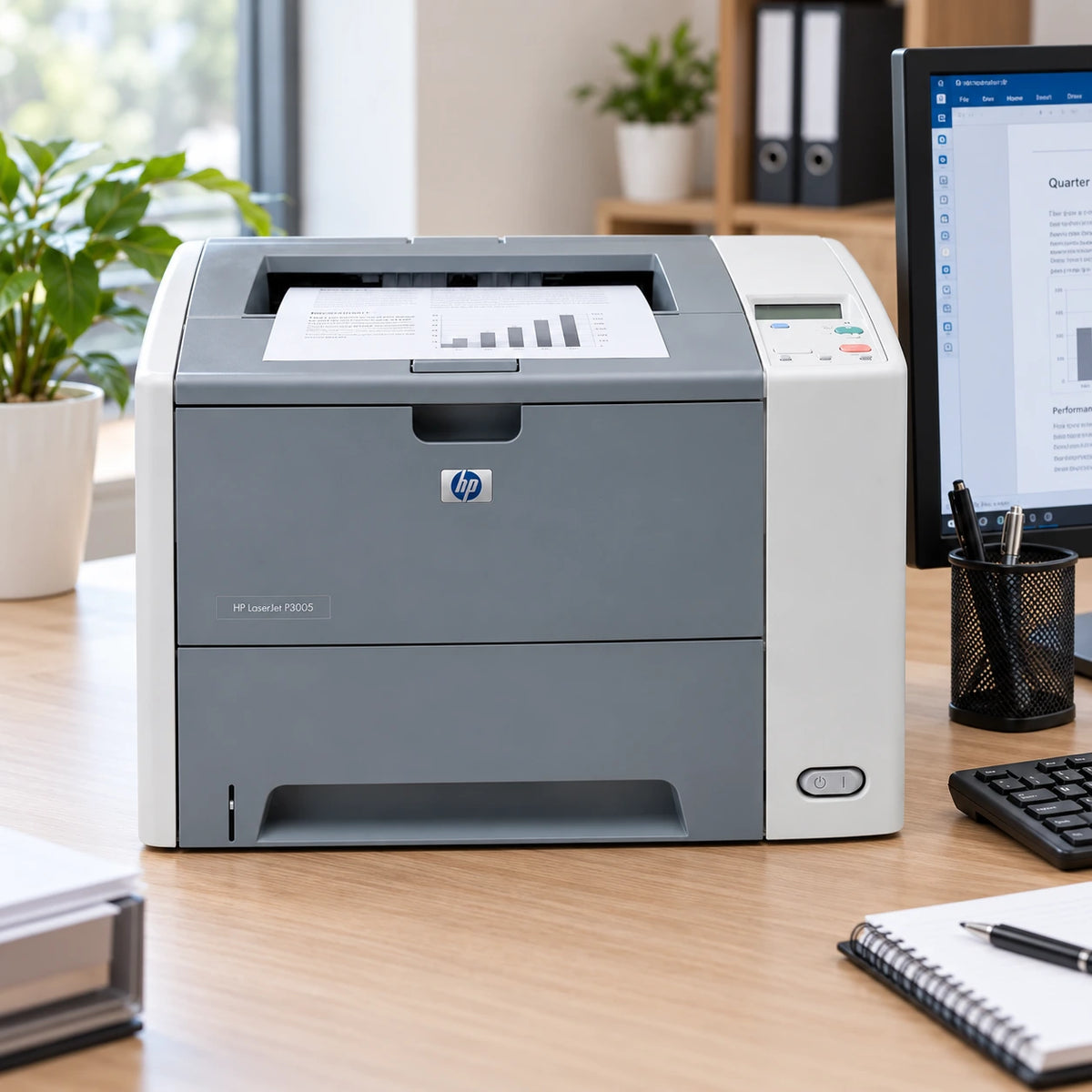 HP LaserJet P3005DN on an office desk