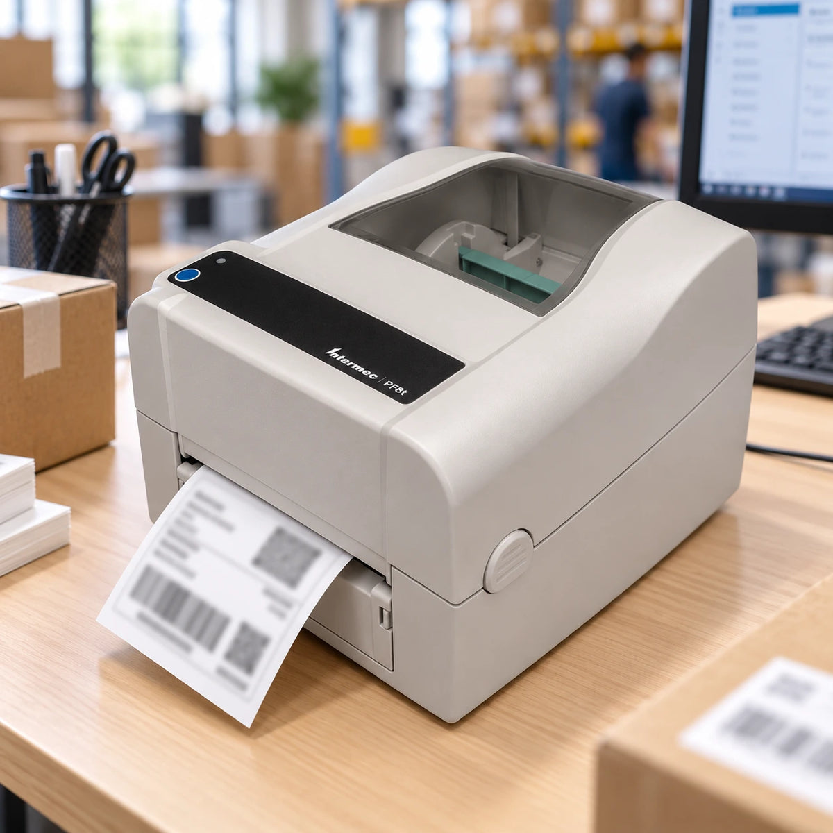 Intermec EasyCoder PF8t thermal label printer printing a label