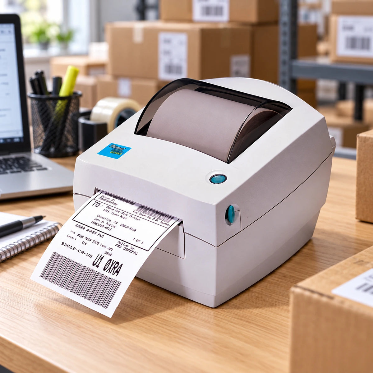 Zebra LP 2442 thermal label printer in use