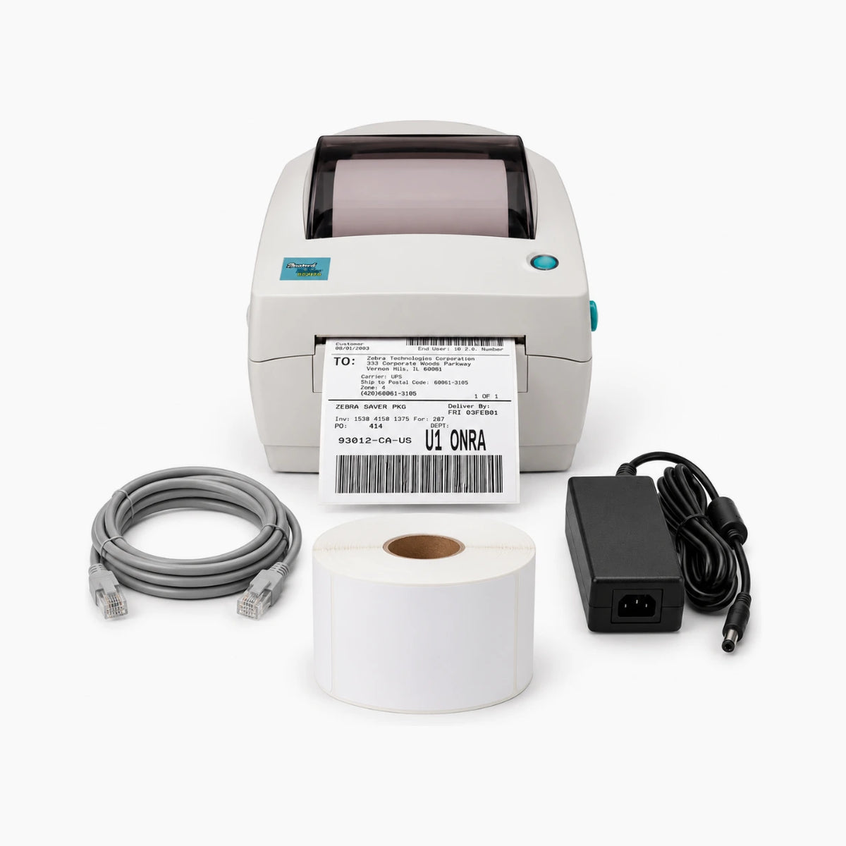 NETWORK PRO Zebra LP2844 kit: printer, Ethernet cable, power adapter and label roll