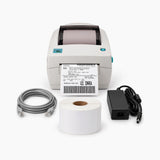 NETWORK PRO Zebra LP2844 kit: printer, Ethernet cable, power adapter and label roll