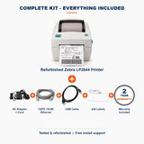 NETWORK PRO Zebra LP2844 complete kit: printer + AC adapter and cord + CAT5/RJ45 Ethernet + USB cable + 4x6 labels + 2-year warranty