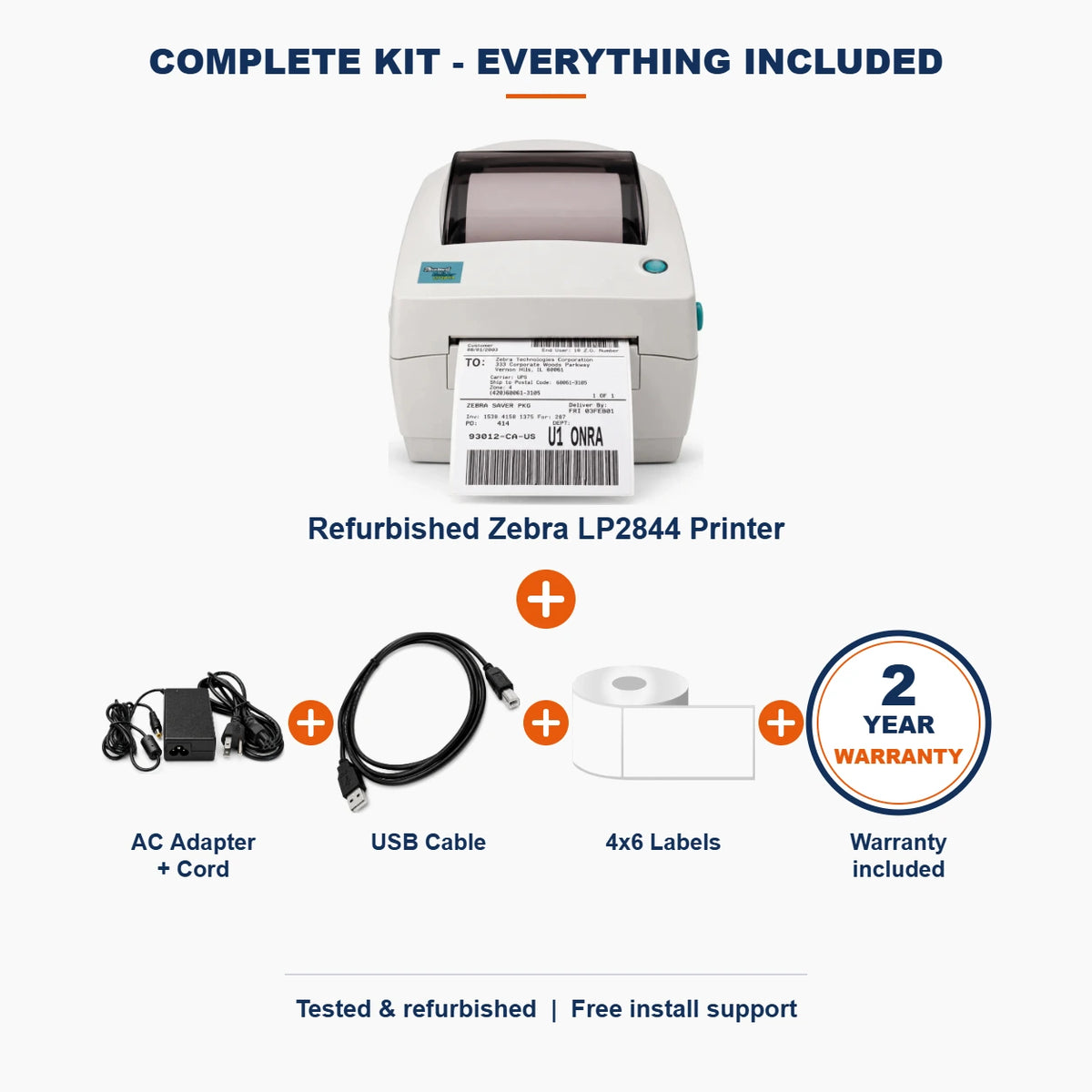PRO Zebra LP2844 complete kit: printer + AC adapter and cord + USB cable + 4x6 labels + 2-year warranty