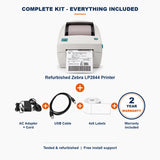 PRO Zebra LP2844 complete kit: printer + AC adapter and cord + USB cable + 4x6 labels + 2-year warranty