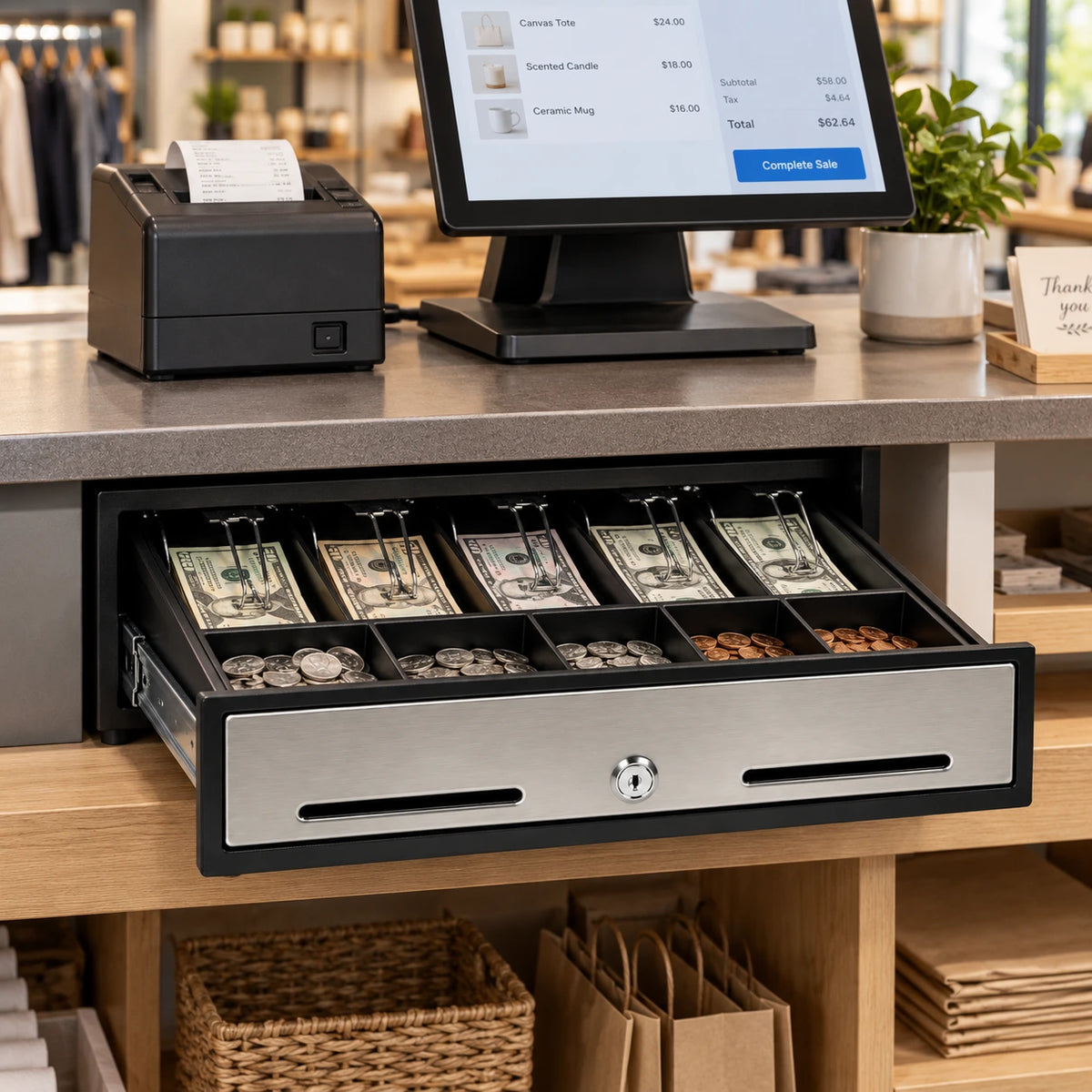 MS cash drawer CF-405 open under a retail checkout counter