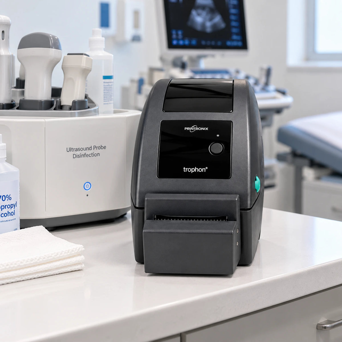 Nanosonics Trophon EPR printer in a clinic next to a probe disinfection unit