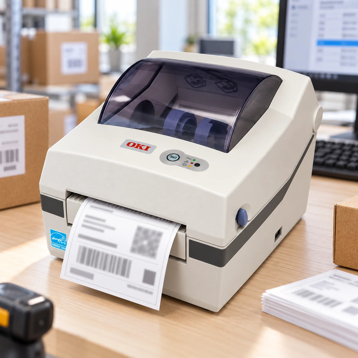 OKI Data LD620D thermal receipt and barcode printer printing a label