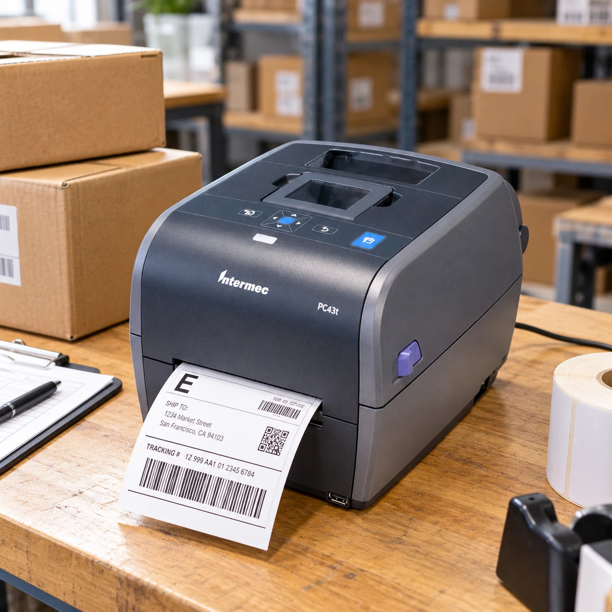 Intermec PC43T thermal label printer in use