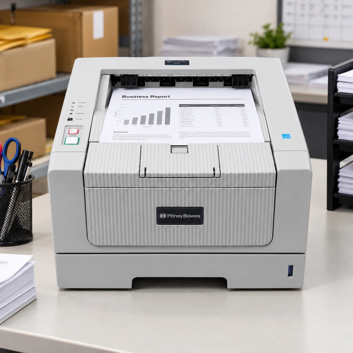 Pitney Bowes 1E20 laser report printer in an office